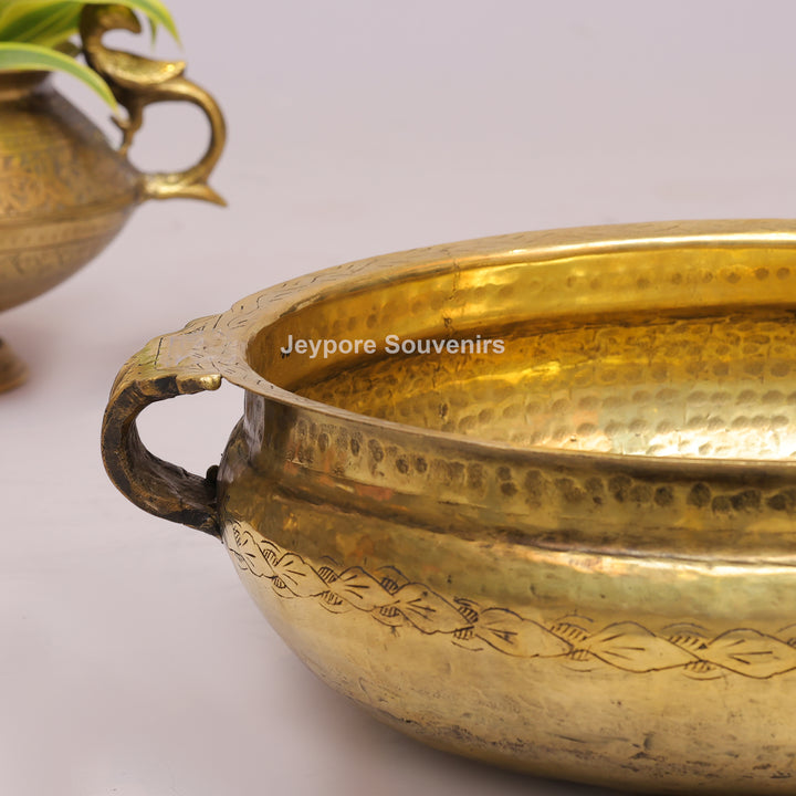 Antique Brass Urli Bowl with Hand-Engraved Floral Leaf Border &amp; Side Handles