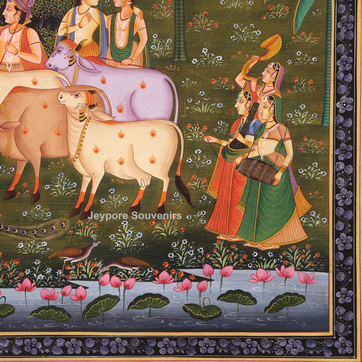 Handmade Radha Krishna Raas Leela Canvas Painting with Gopis &amp; Cows