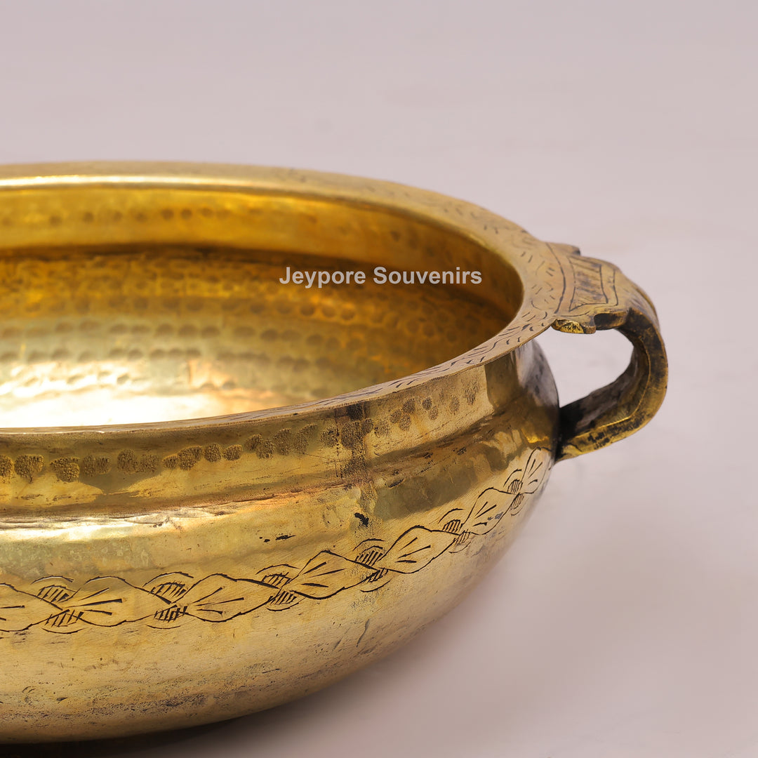 Antique Brass Urli Bowl with Hand-Engraved Floral Leaf Border &amp; Side Handles