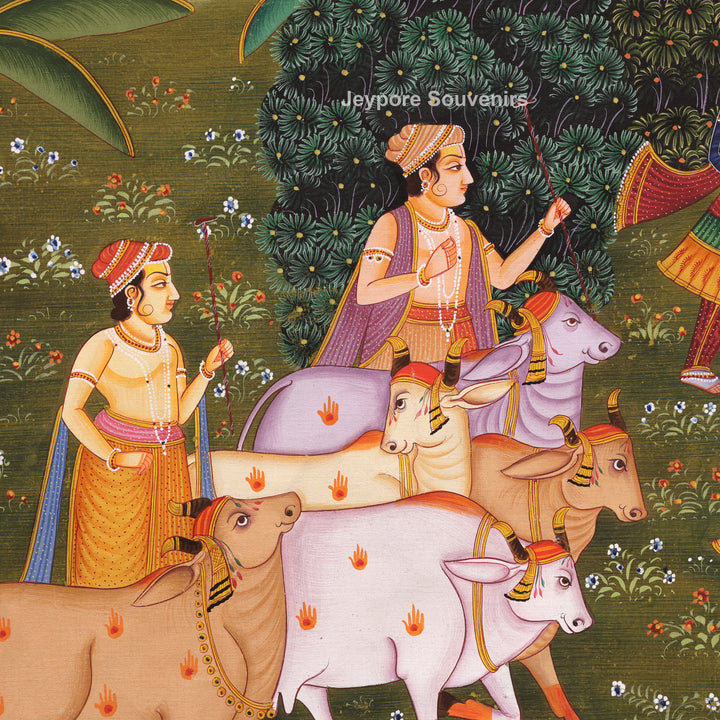 Handmade Radha Krishna Raas Leela Canvas Painting with Gopis &amp; Cows