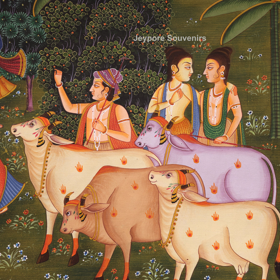 Handmade Radha Krishna Raas Leela Canvas Painting with Gopis &amp; Cows
