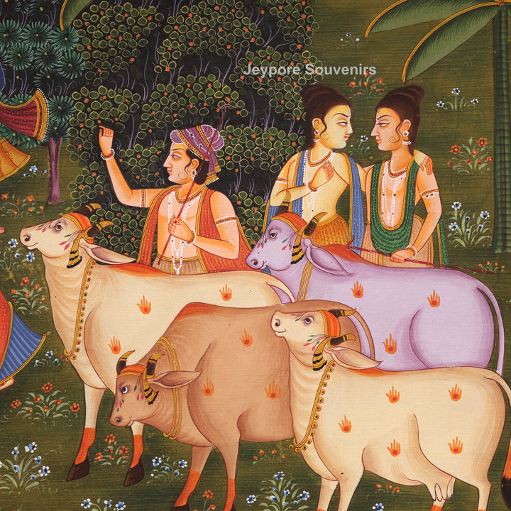 Handmade Radha Krishna Raas Leela Canvas Painting with Gopis &amp; Cows