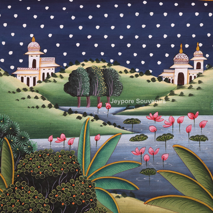 Handmade Radha Krishna Raas Leela Canvas Painting with Gopis &amp; Cows