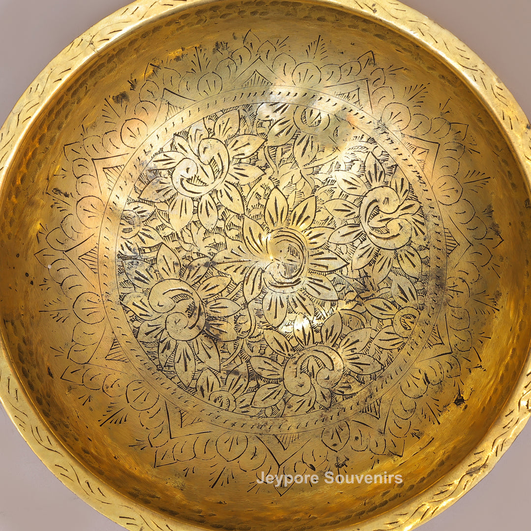 Antique Brass Urli Bowl with Hand-Engraved Floral Leaf Border &amp; Side Handles