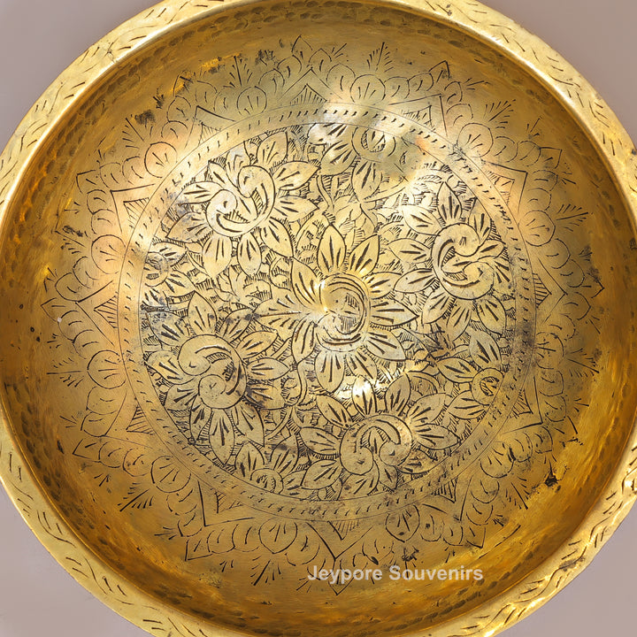 Antique Brass Urli Bowl with Hand-Engraved Floral Leaf Border &amp; Side Handles