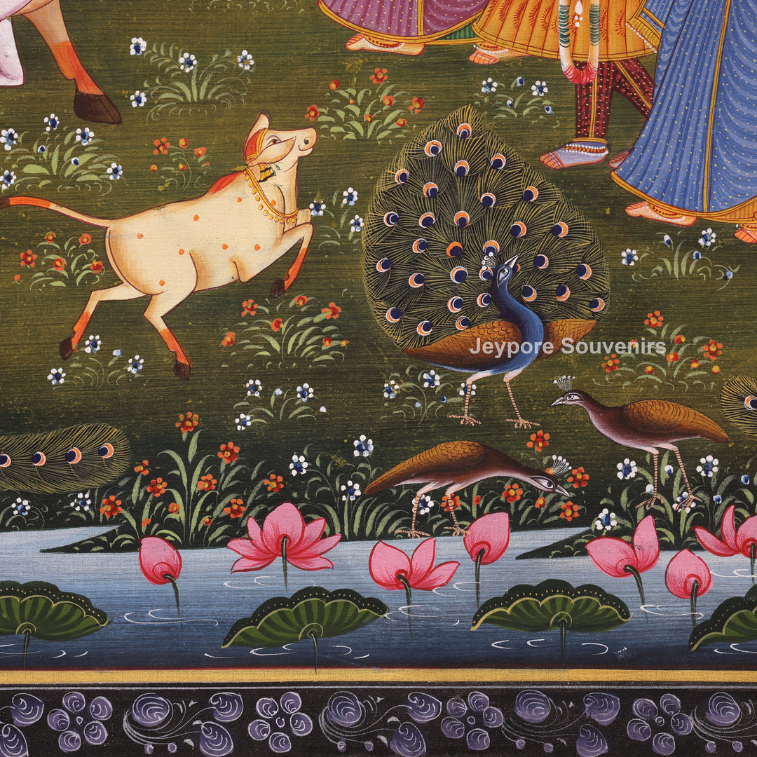 Handmade Radha Krishna Raas Leela Canvas Painting with Gopis &amp; Cows