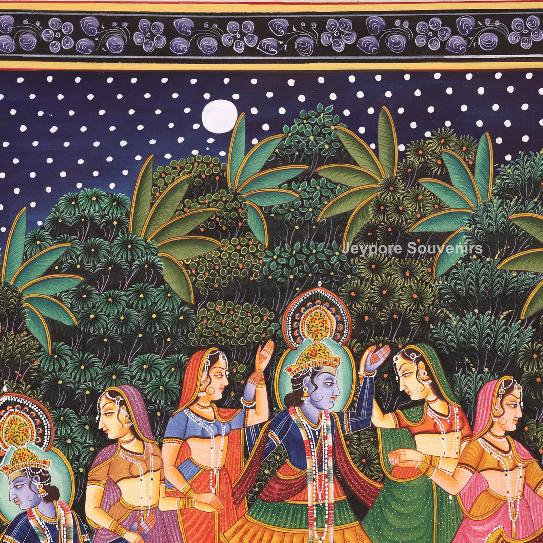 Handmade Radha Krishna Raas Leela Canvas Painting with Gopis &amp; Cows