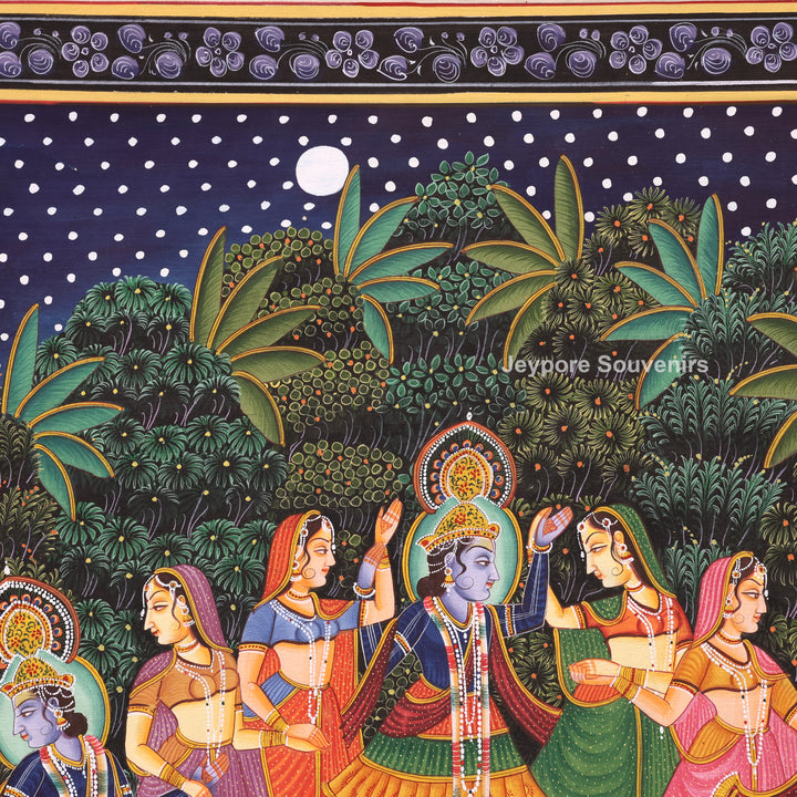Handmade Radha Krishna Raas Leela Canvas Painting with Gopis &amp; Cows