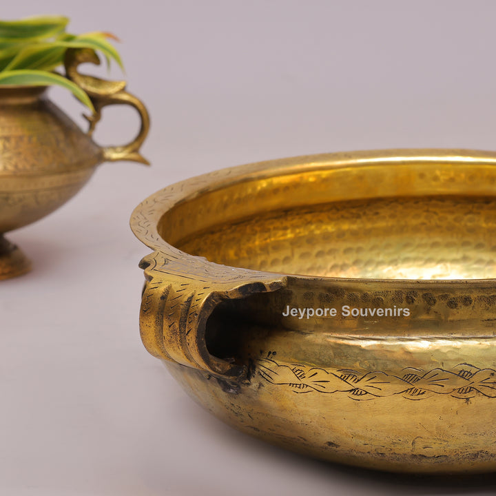 Antique Brass Urli Bowl with Hand-Engraved Floral Leaf Border &amp; Side Handles