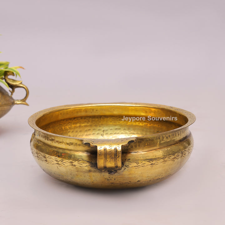 Antique Brass Urli Bowl with Hand-Engraved Floral Leaf Border &amp; Side Handles