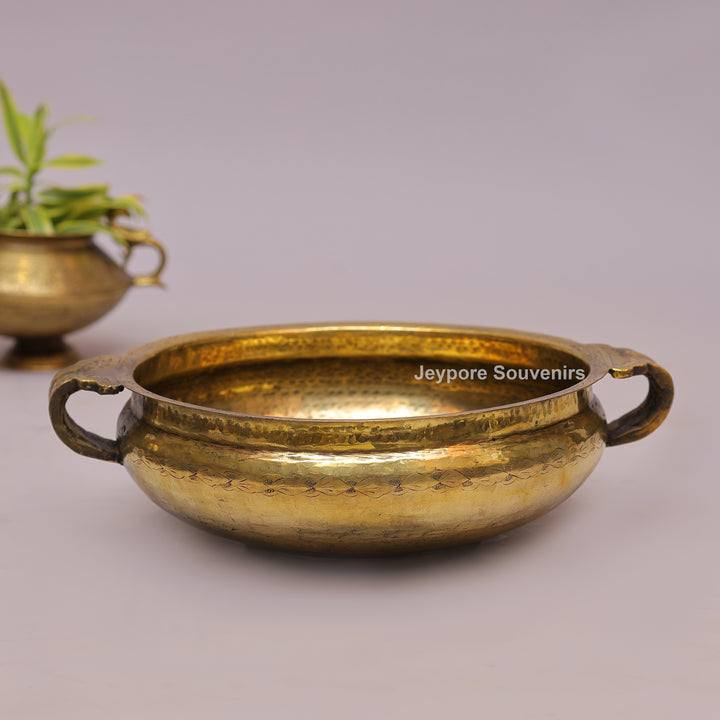 Handcrafted Brass Urli with Hammered Finish &amp; Side Handles