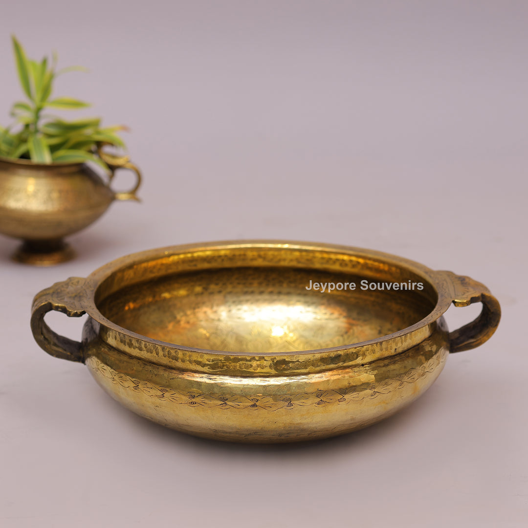 Handcrafted Brass Urli with Hammered Finish &amp; Side Handles