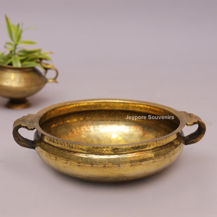 Handcrafted Brass Urli with Hammered Finish &amp; Side Handles