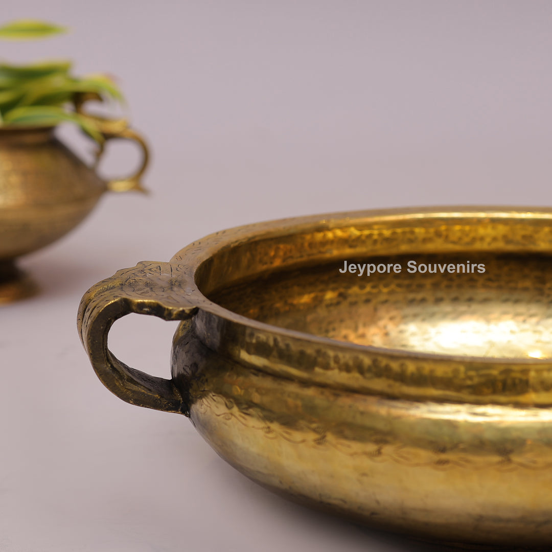 Handcrafted Brass Urli with Hammered Finish &amp; Side Handles