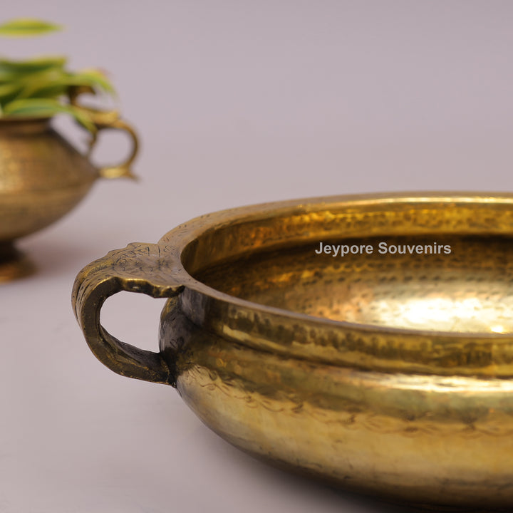 Handcrafted Brass Urli with Hammered Finish &amp; Side Handles