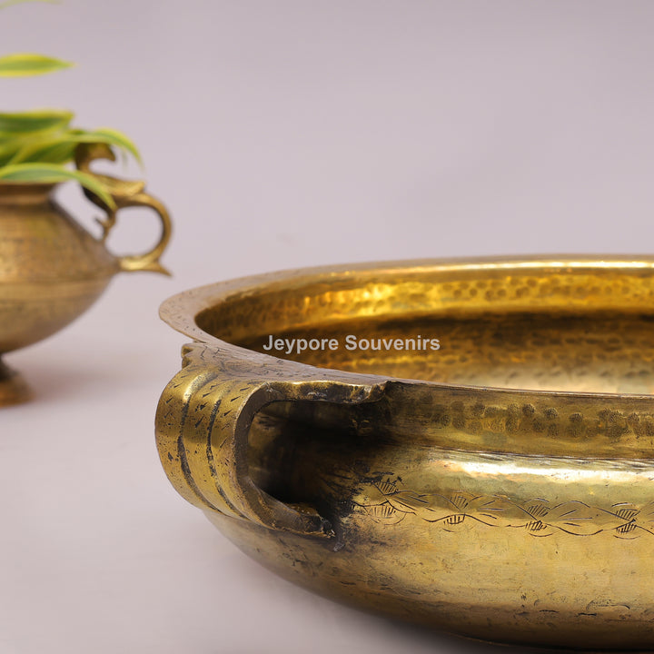 Handcrafted Brass Urli with Hammered Finish &amp; Side Handles