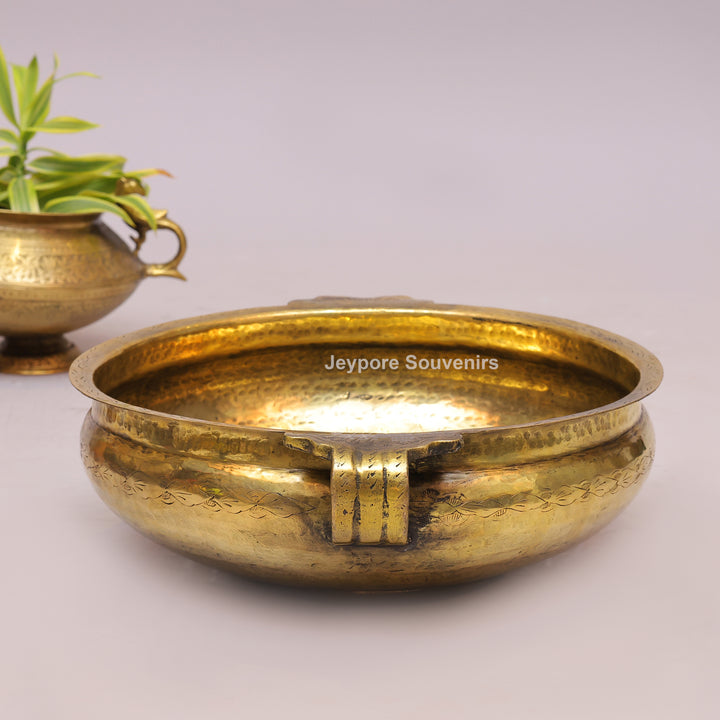Handcrafted Brass Urli with Hammered Finish &amp; Side Handles