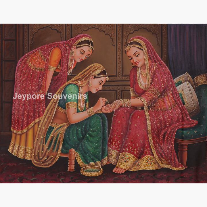 Indian Ladies Making Mehndi Canvas Painting