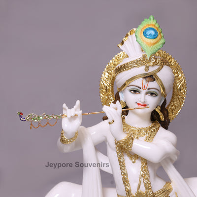 30" Enchanting Pure White Marble Lord Krishna Cow Idol With Real Gold Leaf