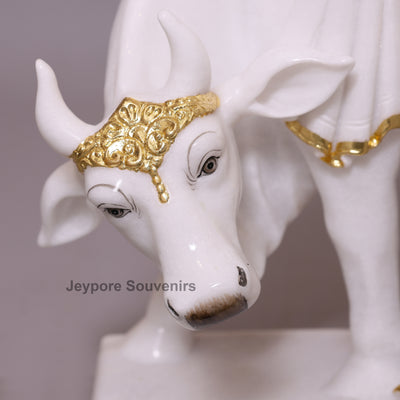 30" Enchanting Pure White Marble Lord Krishna Cow Idol With Real Gold Leaf