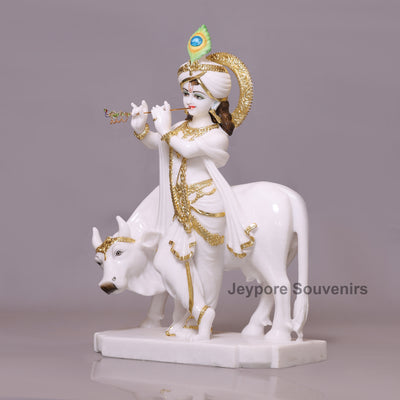 30" Enchanting Pure White Marble Lord Krishna Cow Idol With Real Gold Leaf