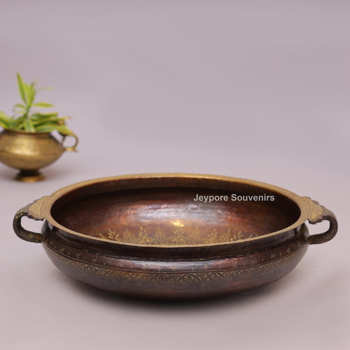 Handcrafted Brass Urli with Antique Brown Finish &amp; Traditional Handles