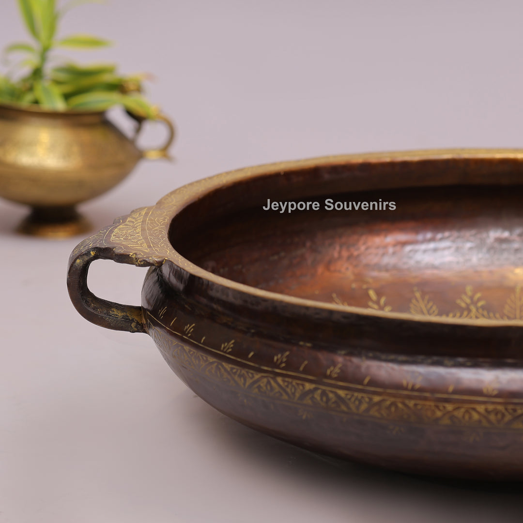 Handcrafted Brass Urli with Antique Brown Finish &amp; Traditional Handles