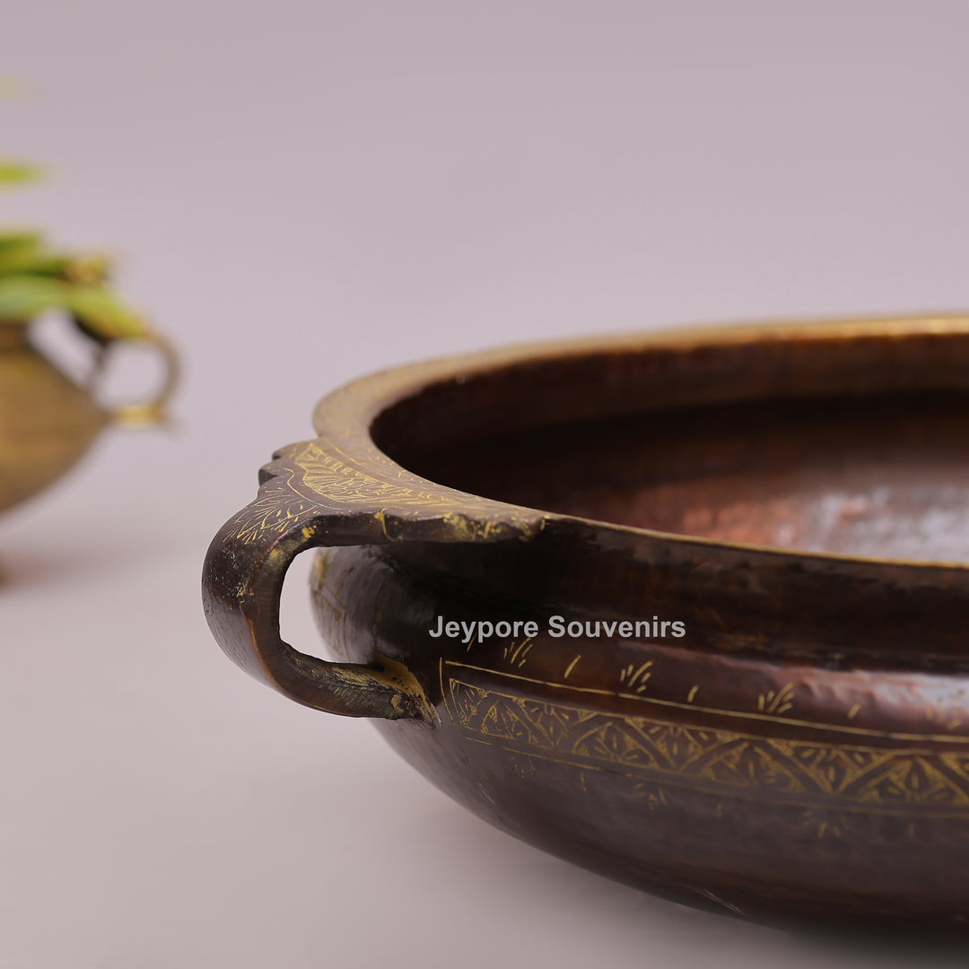 Handcrafted Brass Urli with Antique Brown Finish &amp; Traditional Handles