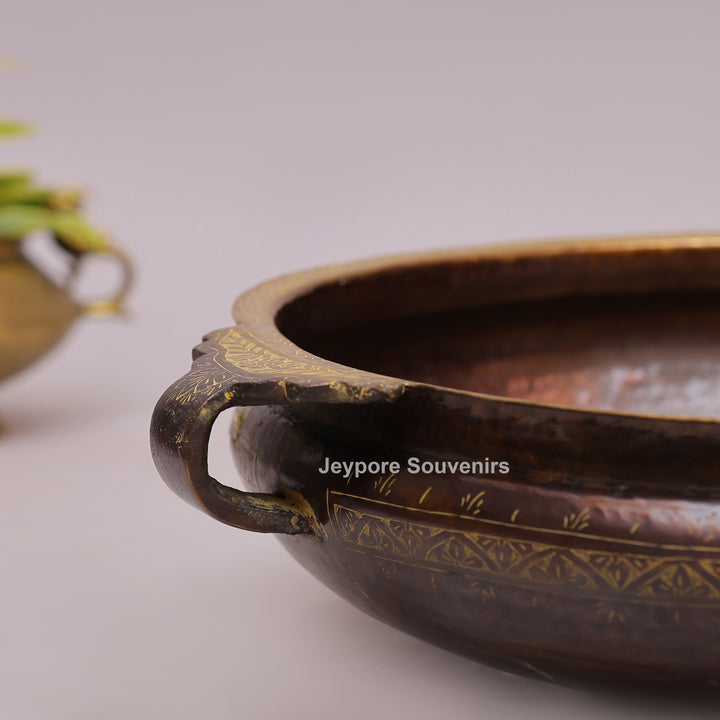 Handcrafted Brass Urli with Antique Brown Finish &amp; Traditional Handles