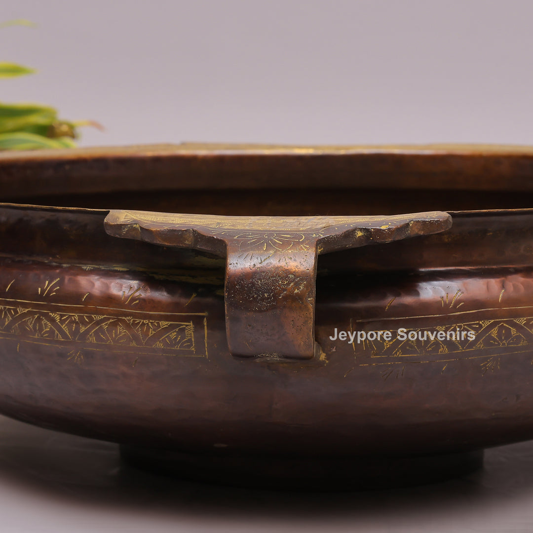 Handcrafted Brass Urli with Antique Brown Finish &amp; Traditional Handles