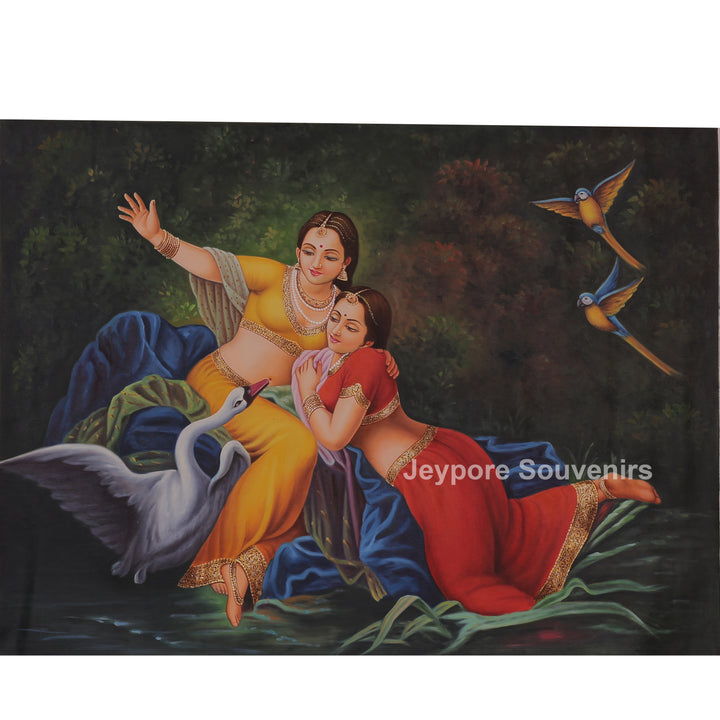 Elegant Ladies with Playful Swan Handcrafted Canvas Painting
