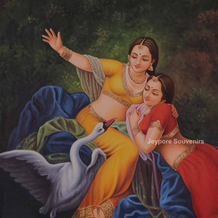 Elegant Ladies with Playful Swan Handcrafted Canvas Painting