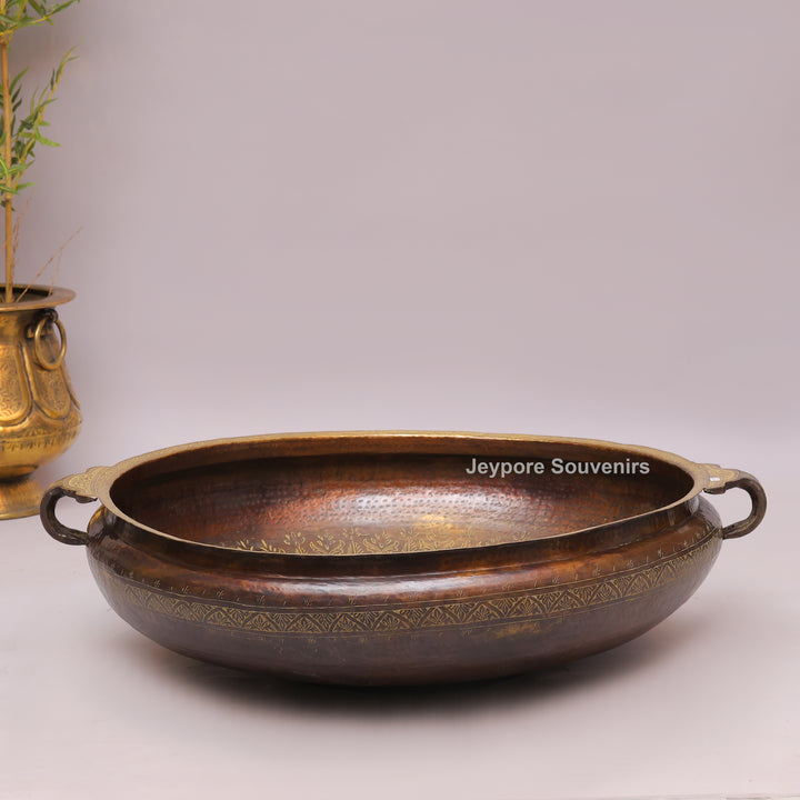 Antique Finish Brass Urli With Side Handles &amp; Geometric Motifs