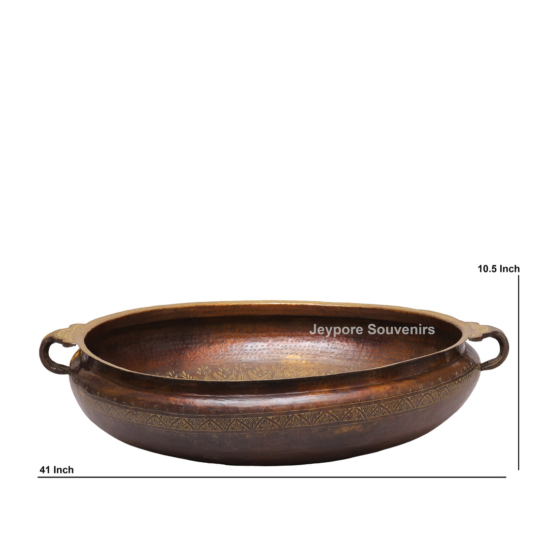 Antique Finish Brass Urli With Side Handles &amp; Geometric Motifs