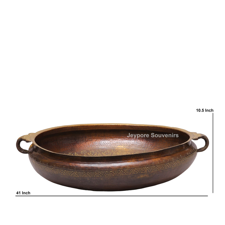Antique Finish Brass Urli With Side Handles &amp; Geometric Motifs