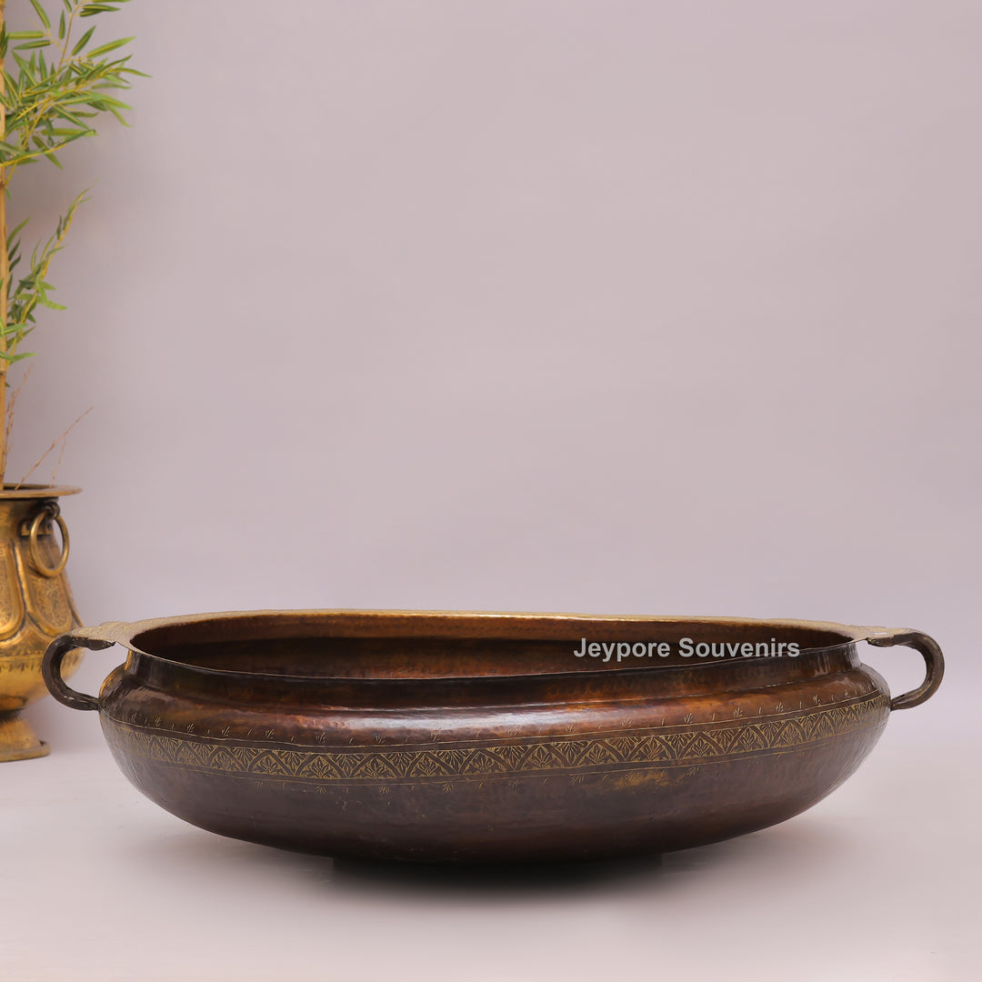 Antique Finish Brass Urli With Side Handles &amp; Geometric Motifs