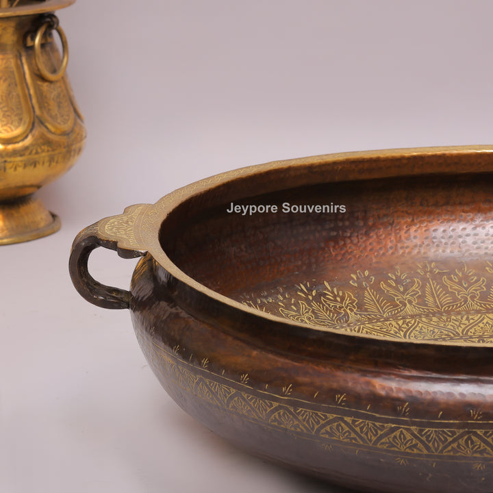 Antique Finish Brass Urli With Side Handles &amp; Geometric Motifs