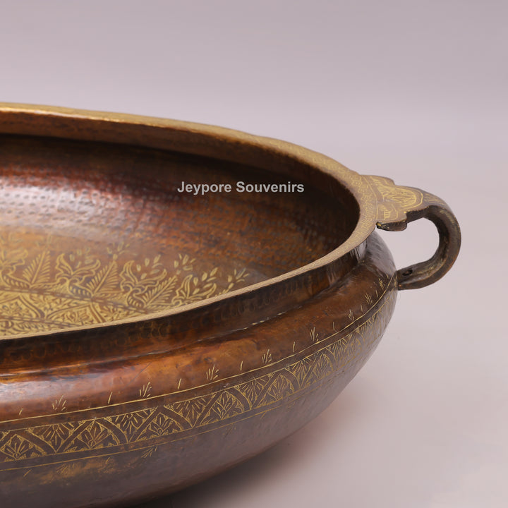 Antique Finish Brass Urli With Side Handles &amp; Geometric Motifs