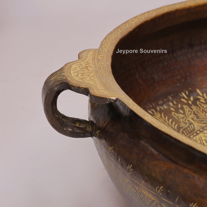 Antique Finish Brass Urli With Side Handles &amp; Geometric Motifs