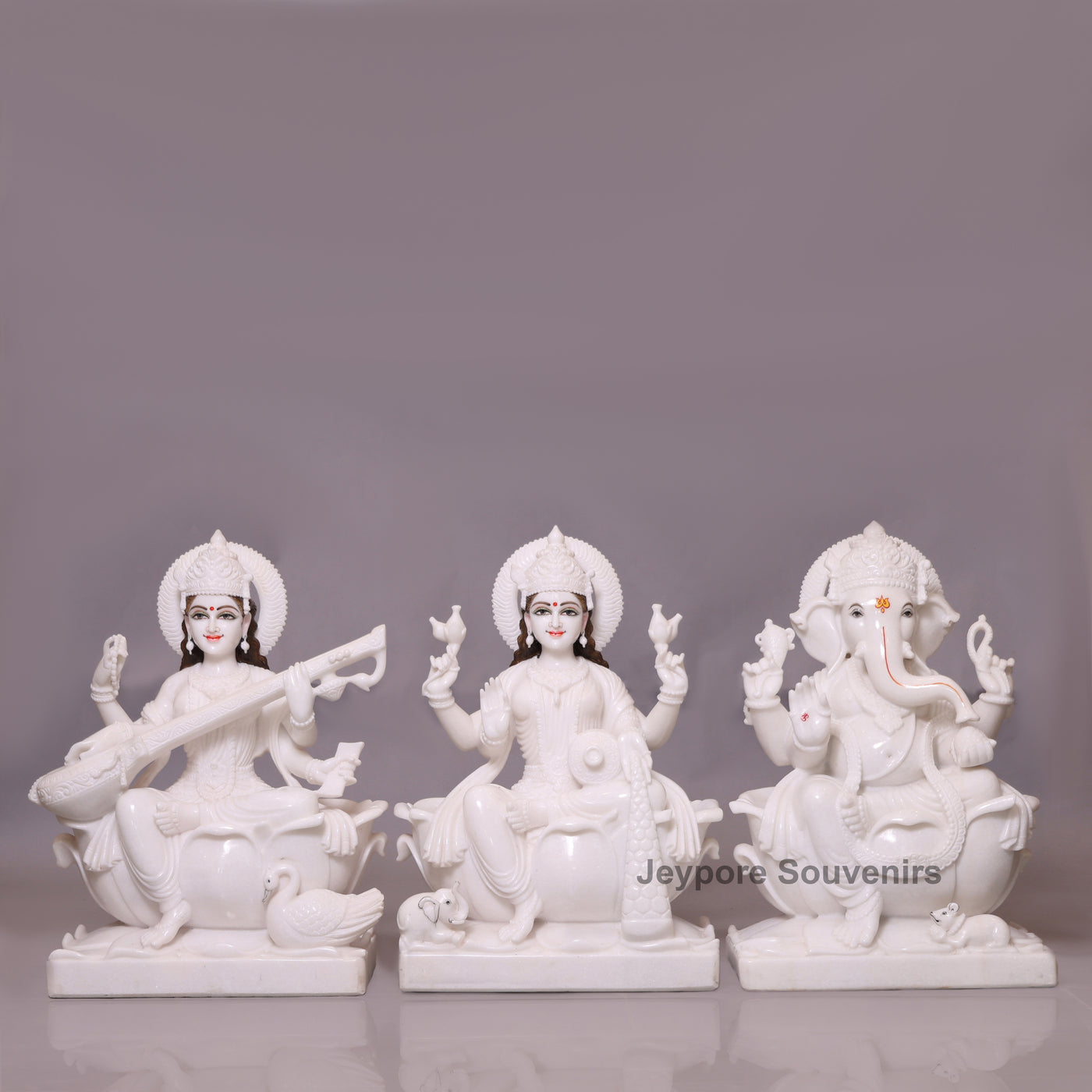 24" Divine Trinity Set: Pure White Marble Lakshmi, Ganesha, &amp; Saraswati Idols&nbsp;