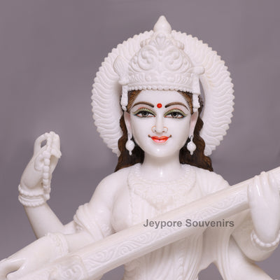 24" Divine Trinity Set: Pure White Marble Lakshmi, Ganesha, &amp; Saraswati Idols&nbsp;