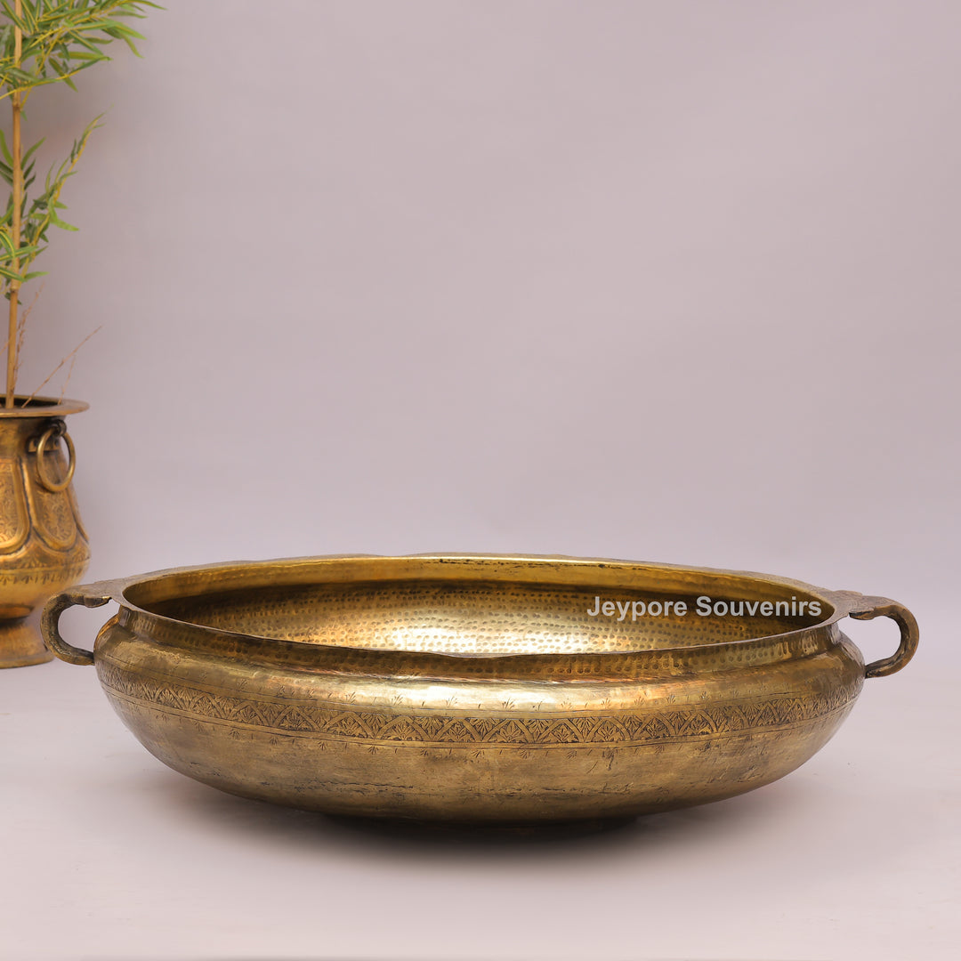 Antique Brass Urli with Hammered Finish &amp; Side Handles