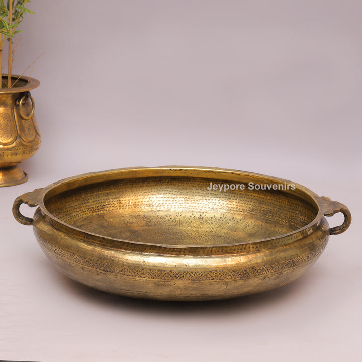 Antique Brass Urli with Hammered Finish &amp; Side Handles