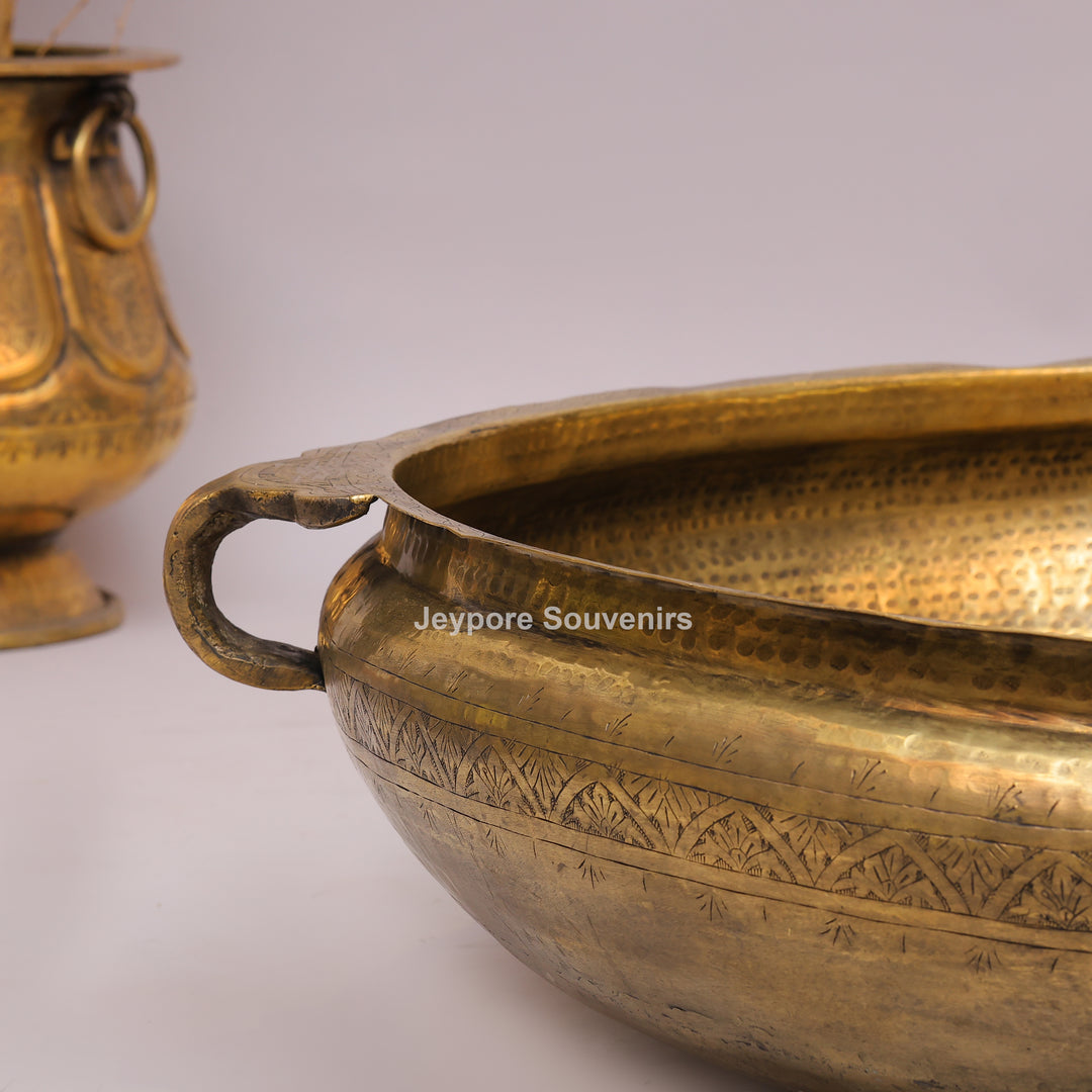 Antique Brass Urli with Hammered Finish &amp; Side Handles