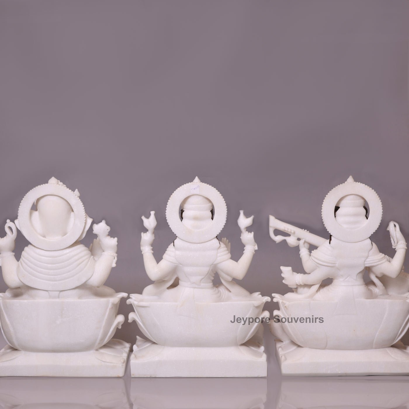 24" Divine Trinity Set: Pure White Marble Lakshmi, Ganesha, &amp; Saraswati Idols&nbsp;