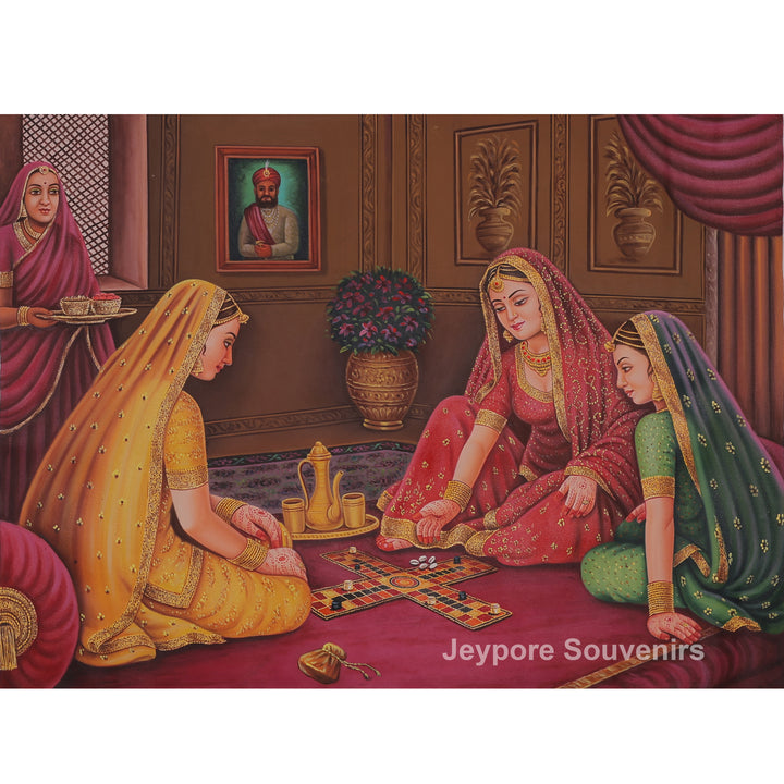Traditional Indian Royal Ladies Playing Chausar Canvas Painting