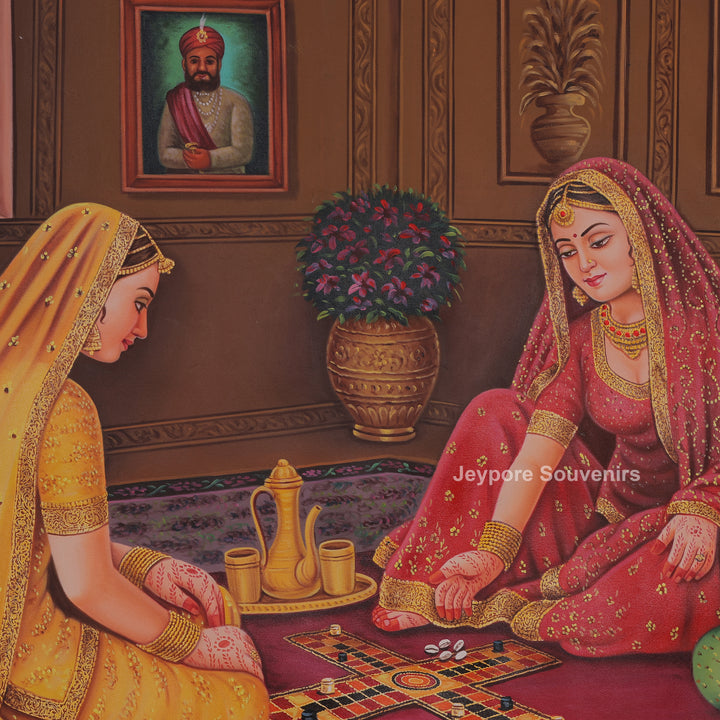 Traditional Indian Royal Ladies Playing Chausar Canvas Painting