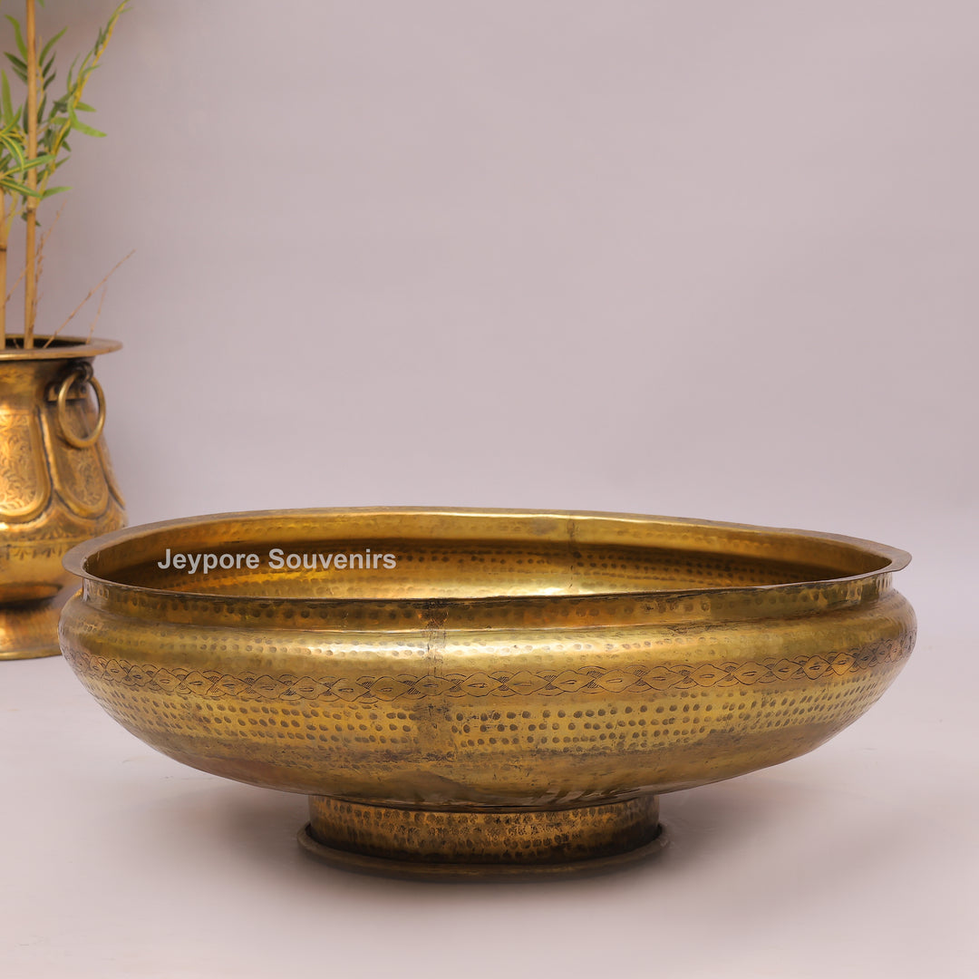 Handcrafted Brass Urli Bowl with Hammered Finish &amp; Pedestal Stand
