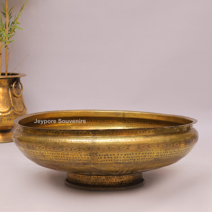 Handcrafted Brass Urli Bowl with Hammered Finish &amp; Pedestal Stand