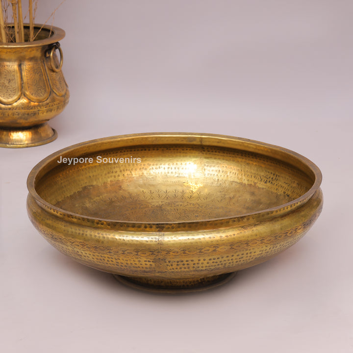 Handcrafted Brass Urli Bowl with Hammered Finish &amp; Pedestal Stand